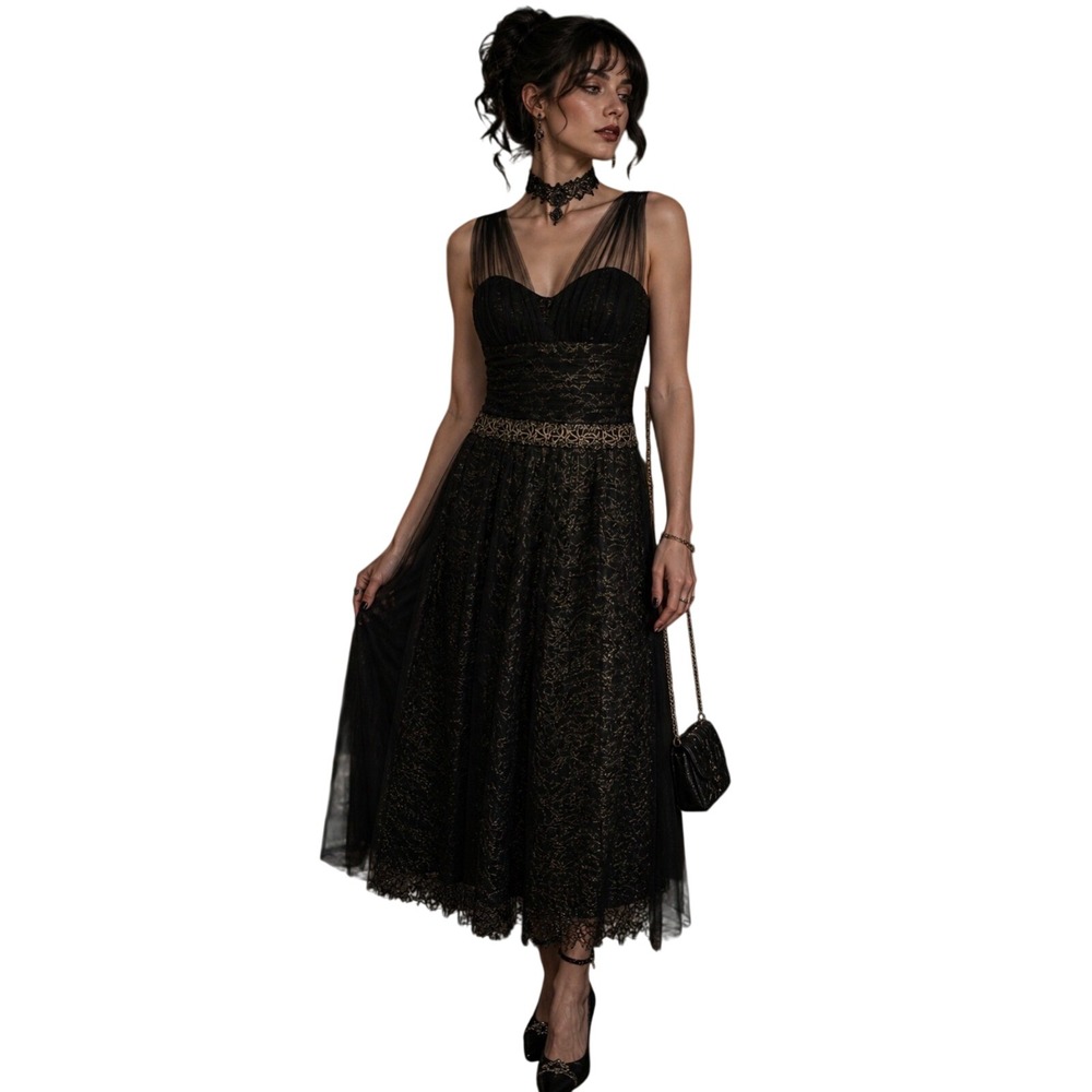 Teri Jon Rickie Freeman Black Gold Sequin‎ Tulle prom evening dress Whimsigoth 4